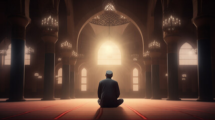 muslim man praying in mosque, ramadan Kareem concept, islamic background, Generative AI