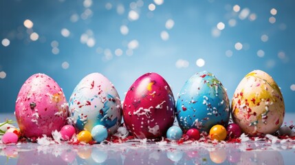 Fototapeta premium Colorful Easter eggs with paint splatter. Generative AI.