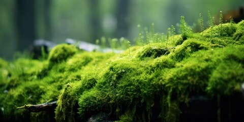 Closeup look at the moss in the forest with sunlight shimmering