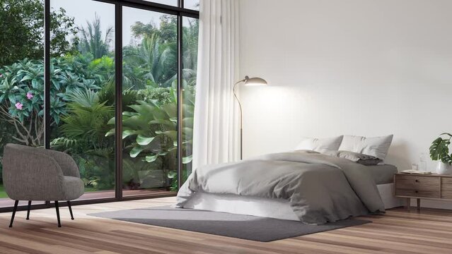 Animation modern bedroom with tropical style garden view 3d render,The Rooms have wooden floors ,decorate with gray fabric bed,There are large sliding doors, Overlooks wooden terrace and green garden.