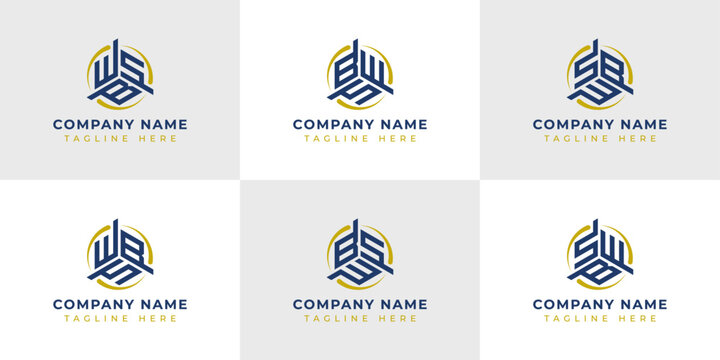 Letter WBS, WSB, BWS, BSW, SWB, SBW Hexagonal Technology Logo Set. Suitable for any business