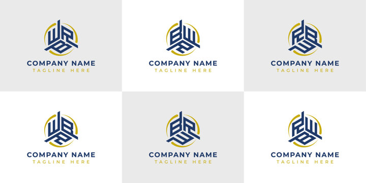 Letter WBR, WRB, BRW, BRW, RWB, RBW Hexagonal Technology Logo Set. Suitable for any business
