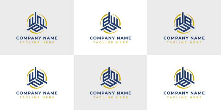 Letter WBN, WNB, BWN, BNW, NWB, NBW Hexagonal Technology Logo Set. Suitable for any business