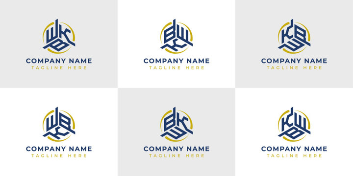 Letter WBK, WKB, BWK, BKW, KWB, KBW Hexagonal Technology Logo Set. Suitable for any business