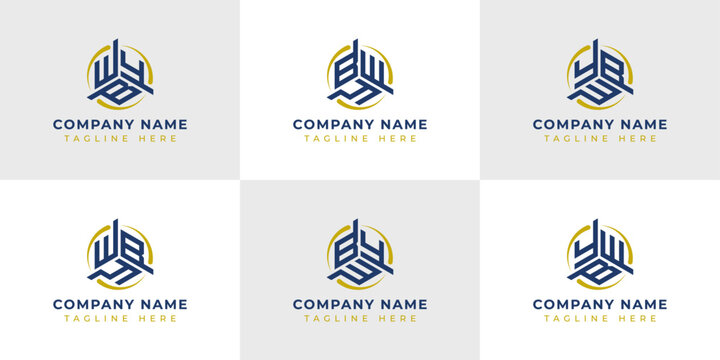 Letter WBY, WYB, BWY, BYW, YWB, YBW Hexagonal Technology Logo Set. Suitable for any business