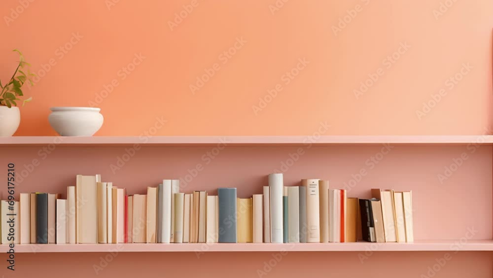 Poster minimalistic view of a peach fuzz colored bookshelf, with only a few books arranged in a clean and s