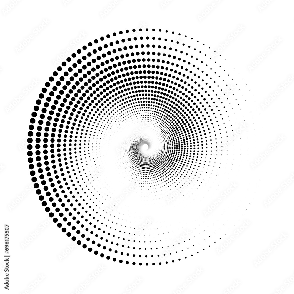 Aufkleber Dotted spiral lines element. Radial spinning halftone form. Circle swirl dots shape. Abstract halftone geometric sign for poster, banner, logo, icon, presentation, booklet. Vector optical art