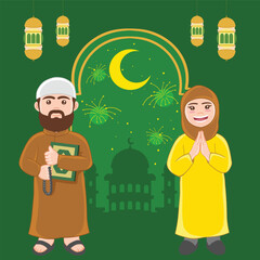 Cartoon muslim couple, man holding holy book quran and rosary beads and woman wearing hijab greeting in the mosque with beautiful fireworks at sky