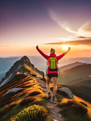 Young women hiker looking sunset at top of the mountain. goals concept. success concept.