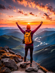 Young women hiker looking sunset at top of the mountain. goals concept. success concept.