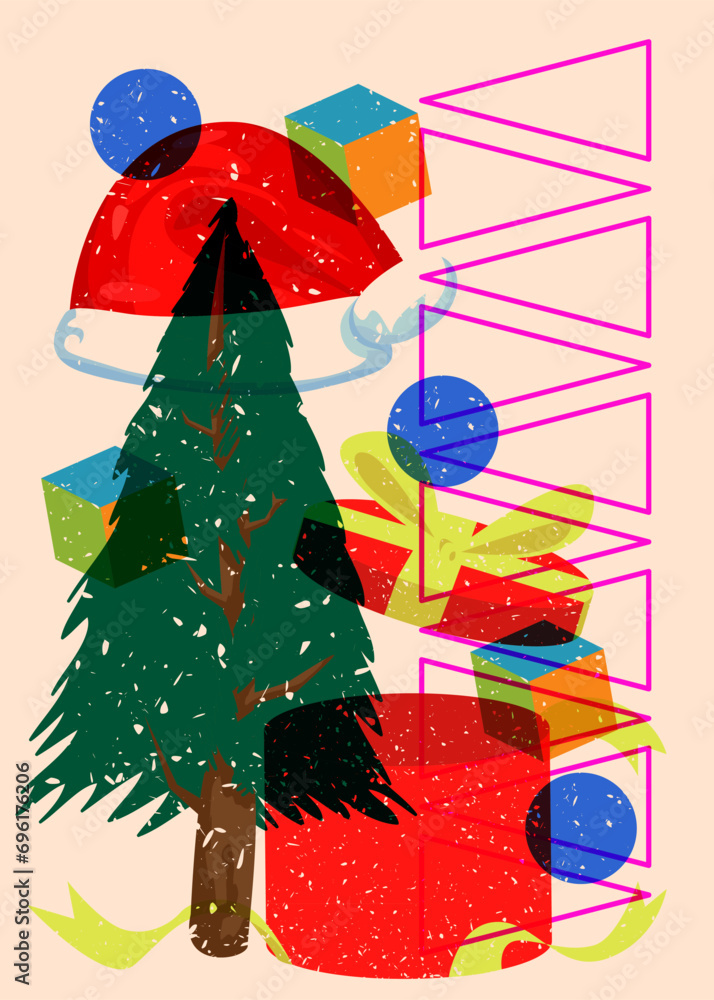 Poster risograph holiday, christmas with geometric shapes. pine tree, gift box, santa claus hat with object