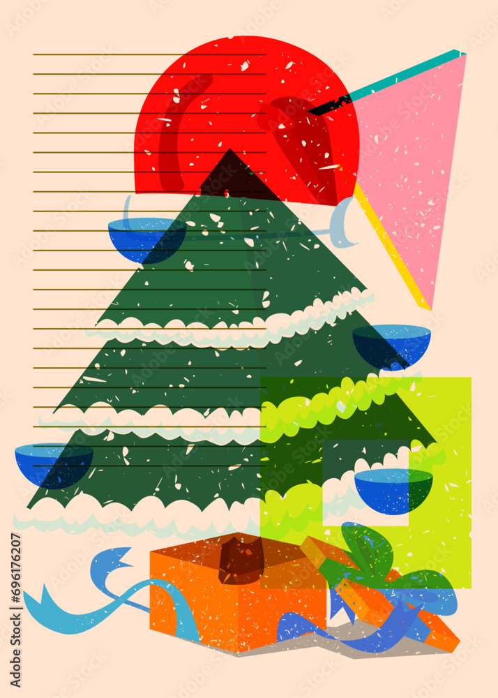 Poster risograph holiday, christmas with geometric shapes. pine tree, gift box, santa claus hat with object