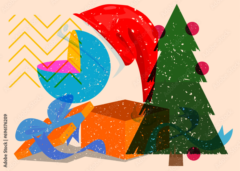 Poster risograph holiday, christmas with geometric shapes. pine tree, gift box, santa claus hat with object