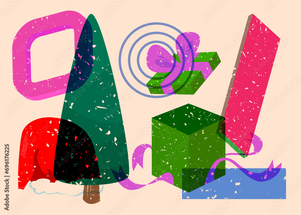 Poster risograph holiday, christmas with geometric shapes. pine tree, gift box, santa claus hat with object