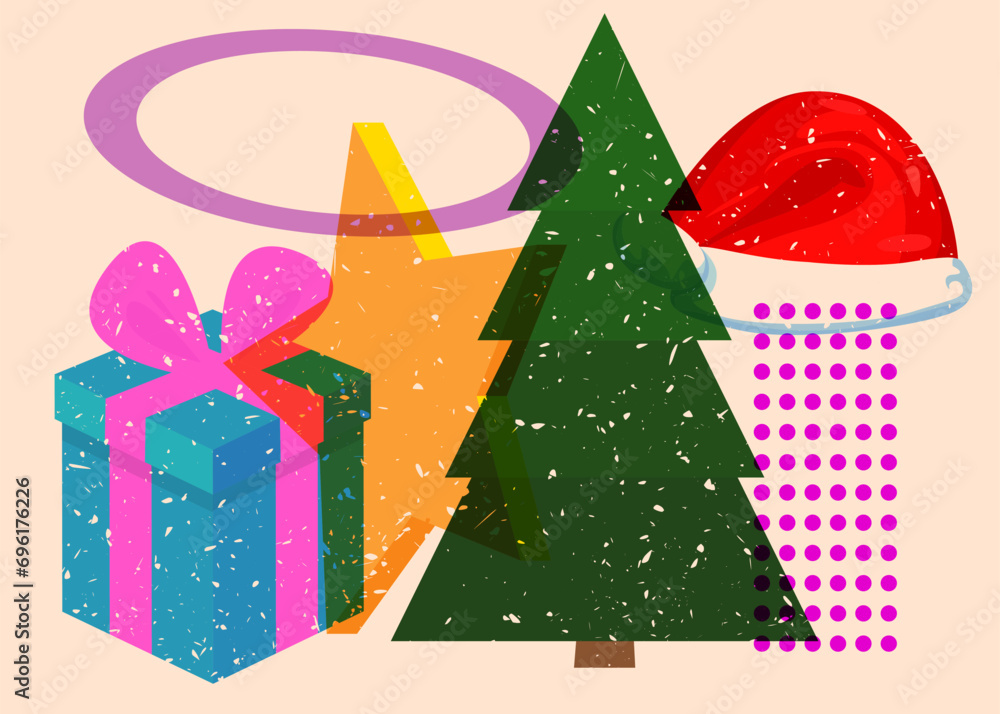 Poster risograph holiday, christmas with geometric shapes. pine tree, gift box, santa claus hat with object