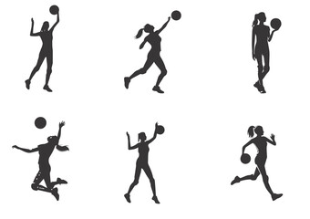 woman playing volleyball in various poses, spike, isolated vector silhouette on white background