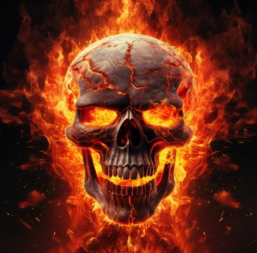 Demonic Symphony: Skull Fire Wallpapers in Digitally Enhanced Dark Art on a Black Background, Conjuring Sinister Flames and Mysterious Shadows.