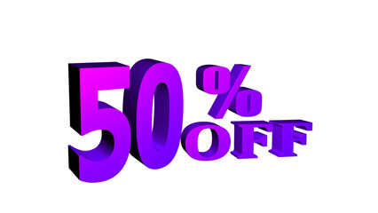 50% off isolated on white background. 50 percent off promotion. 3d 50 percent off discount. Off 50 percent. Sales concept. 3d illustration.