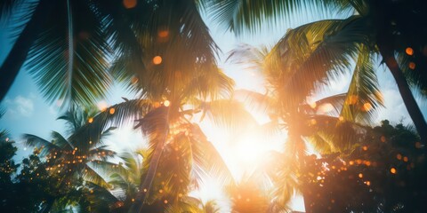 Amidst the palm trees with sunlights shimmering and creating a defocused blur effect - obrazy, fototapety, plakaty