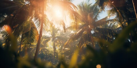 Amidst the palm trees with sunlights shimmering and creating a defocused blur effect - Powered by Adobe