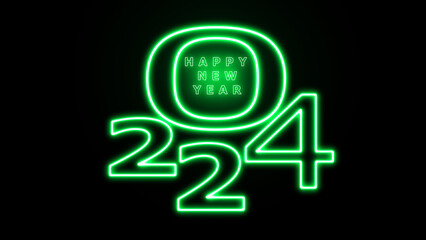 A neon sign for 'Happy New Year 2024. Happy new year 2024 neon glowing text. Creative 2024 happy new year celebration greeting card and social media post or banner design. Illustration.