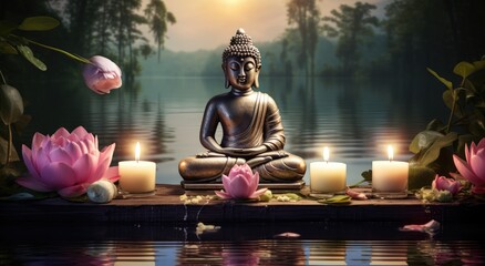 Buddha's Tranquil Haven: Meditation by Water with Candles.  the peaceful haven created by the combination of the Buddha's presence, the water element, and the soft glow of candles.