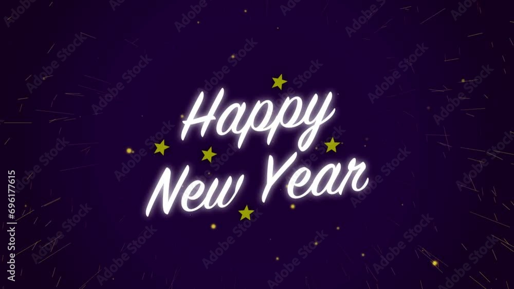 Poster Animated motion graphics white happy new year celebration with light stars and fireworks alpha looping particle glow visual effect text title background 4K purple