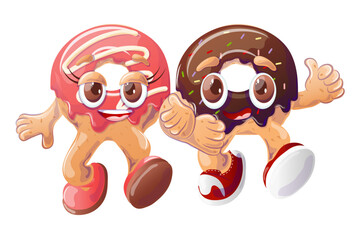 A pair of cartoon donuts in retro style. Groovy character. Retro cartoon vector illustration for print, banner, menu for cafe, restaurant, bar.