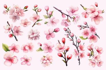 Watercolor cherry blossom flower blooming collection set . Pink sakura flower background. Cherry blossom branch with sakura flower. vector illustration.