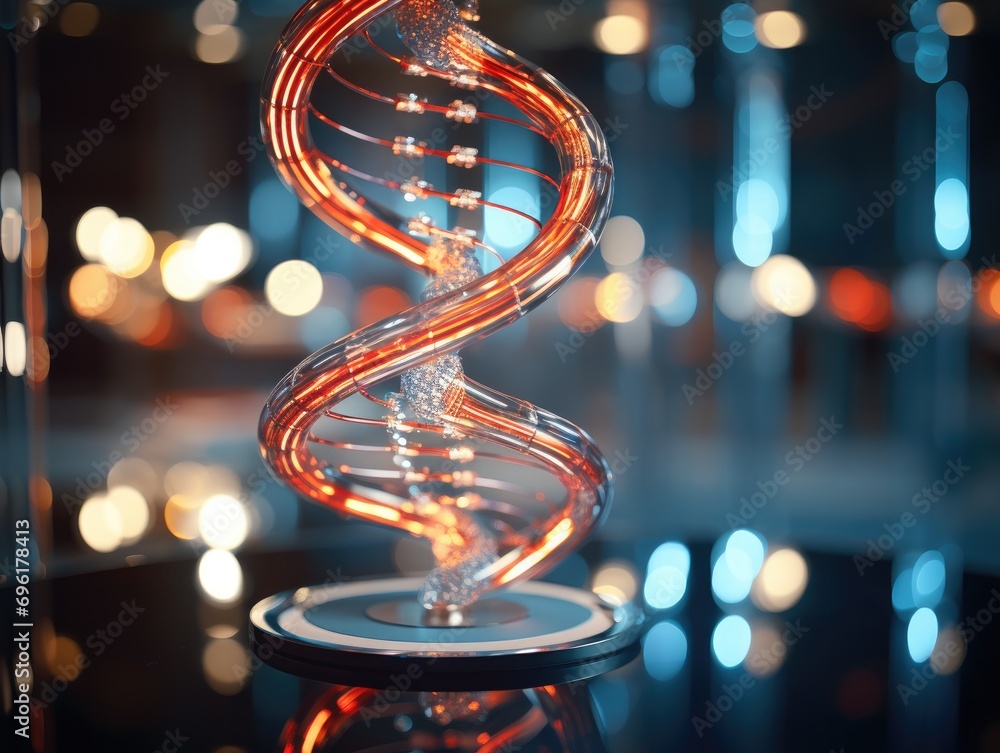 Poster a dna strand is shown in front of a lighted background. generative ai.