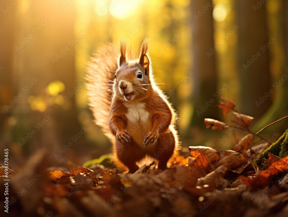 Poster a squirrel is standing in the middle of a forest. generative ai.