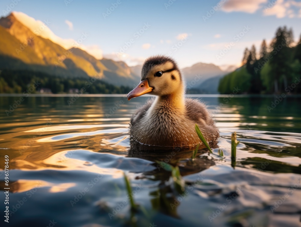 Poster a duck swimming in a lake with mountains in the background. generative ai.
