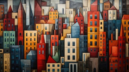 A painting of a city with many buildings. Generative AI.
