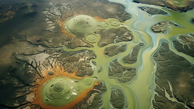 An aerial view of a hot spring, revealing the diverse ecosystem of thermophiles, or heatloving microorganisms, living within the scalding water.