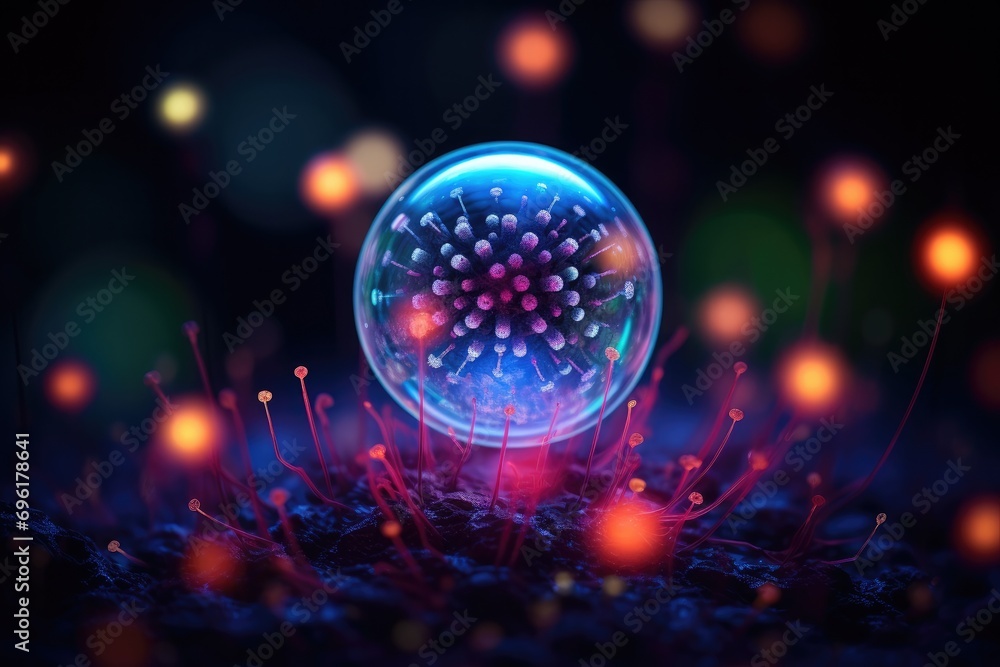 Poster a glowing sphere with many lights on it. generative ai.