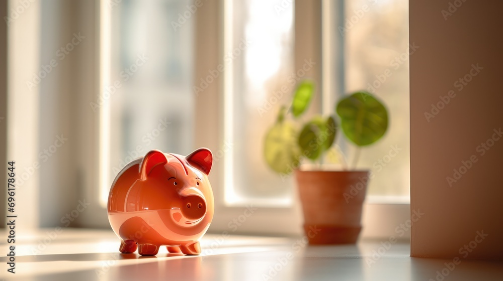 Poster a piggy bank on a table near a window. generative ai.