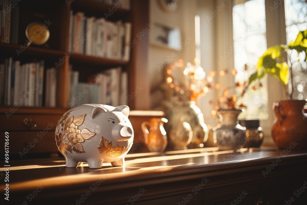 Poster A piggy bank sits on a table in front of a bookcase. Generative AI.