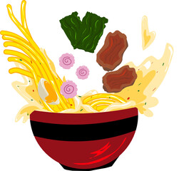 Illustration vector graphic of Japanese food ramen noodles with eggs, meat, seaweed, perfect for food product, restaurant menu, food advertisement 