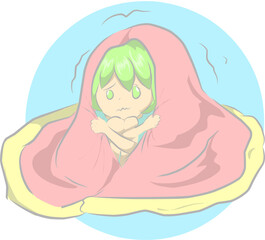 Illustration vector graphic of  Cold women covered in blankets, perfect for a health guide and health illustration 