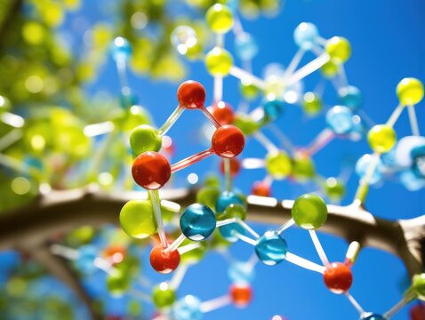 Colorful spheres are hanging from a tree branch. Generative AI.