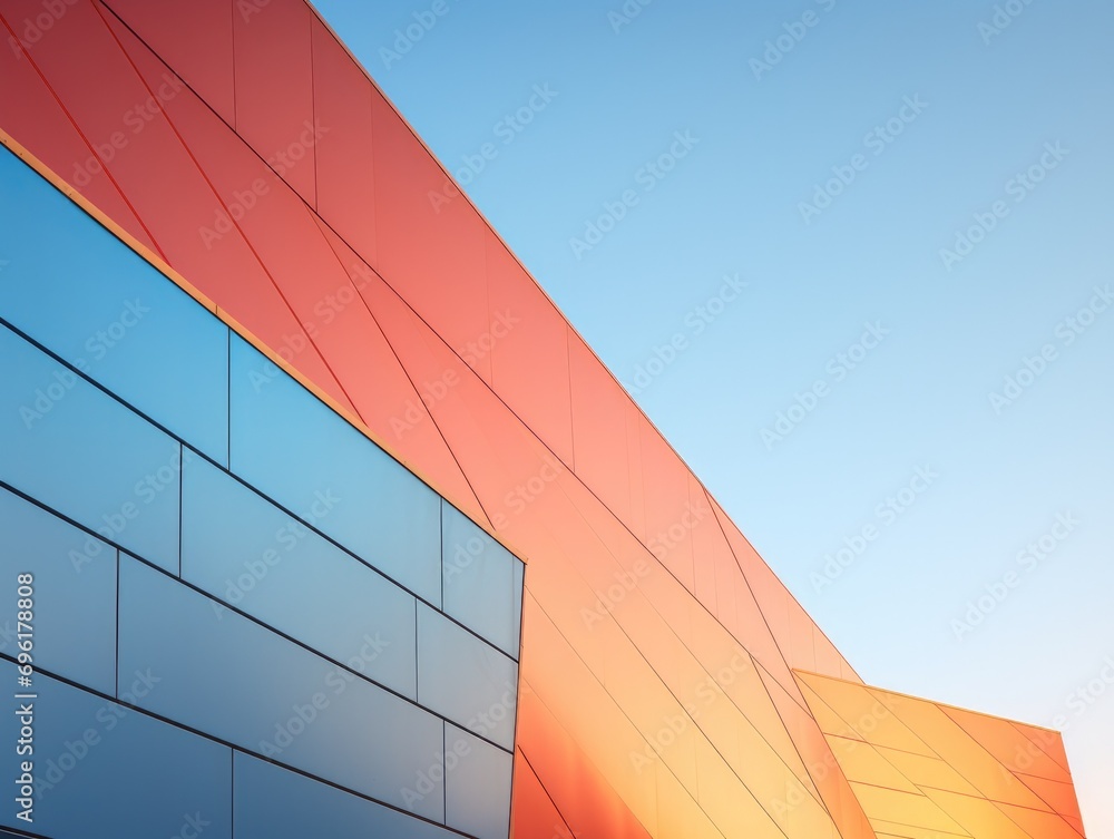 Poster a building with a blue and orange color scheme. generative ai.