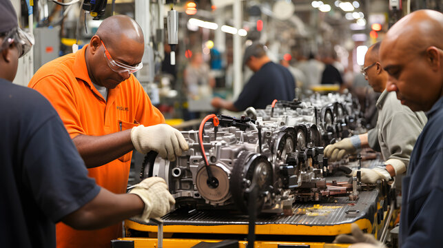 Auto parts on an assembly line with UAW workers in the background