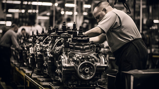 Auto parts on an assembly line with UAW workers in the background