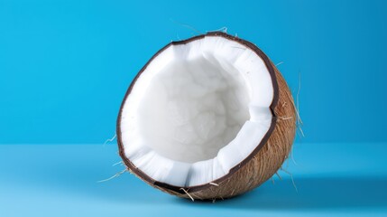 Coconut on blue background. Healthy food concept. Copy space.
