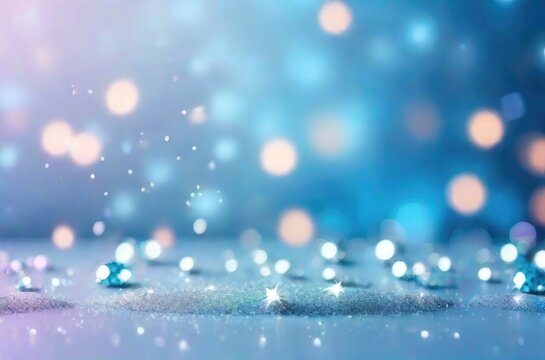 Pastel blue background with sparkle, lights and stars. Bokeh effect.  Copy space. Christmas winter abstract blurred background.  Ai generative.