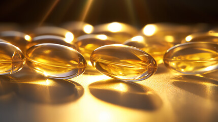 vitamin capsule granules. A collection of packaged fish oil capsules, healthy omega 3 oil capsules photographed under the spotlight from above. Generative AI