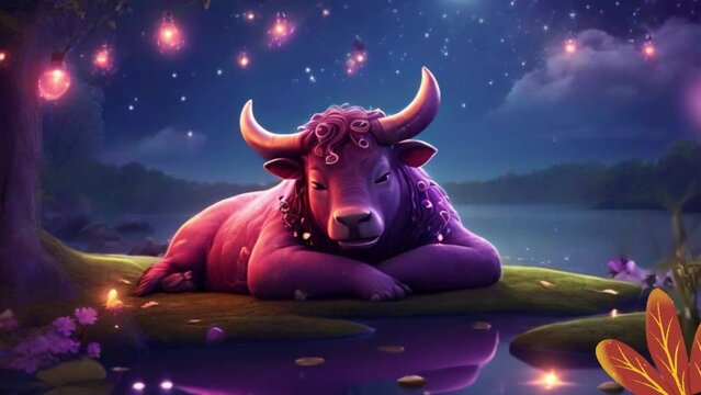 breathing animation, Animal Fantasy Mhytology lullaby cartoon sleeping on forest and lake, looped video background