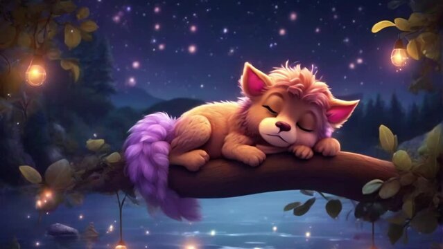 breathing animation, grivin Fantasy Mhytology lullaby cartoon sleeping on forest and lake, looped video background