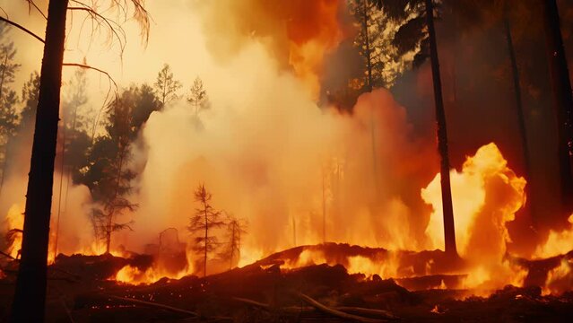 A closeup of a forest fire, blazing through trees and destroying precious habitats and resources for indigenous communities who have depended on these lands for generations.