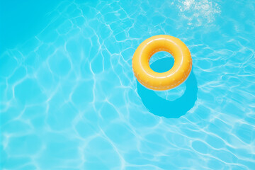 Top View Yellow Swimming Pool Ring Float in Blue Water,Summertime Relaxation